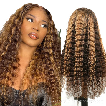 Uniky 13x4 HD Lace Brown Highlight Wig,Brown Blonde Highlights Deep Wave Lace Front Wig